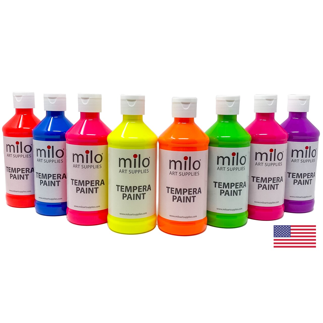 milo Fluorescent Tempera Paint Set of 8 Colors | 8 oz Bottles | Made in the USA | Washable and Non-Toxic Neon Art & Craft Poster Primary Paints for Artists, Kids, & Hobby Painters, Glows UV in Black Light